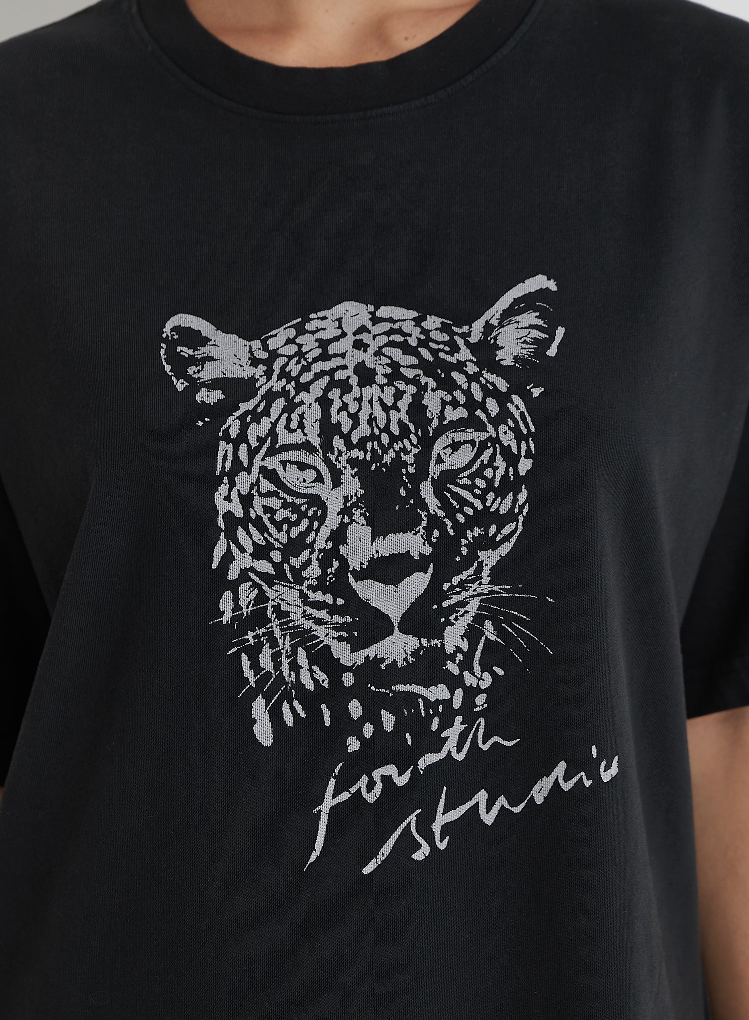 Black Acid Wash Leopard Motif T-Shirt
